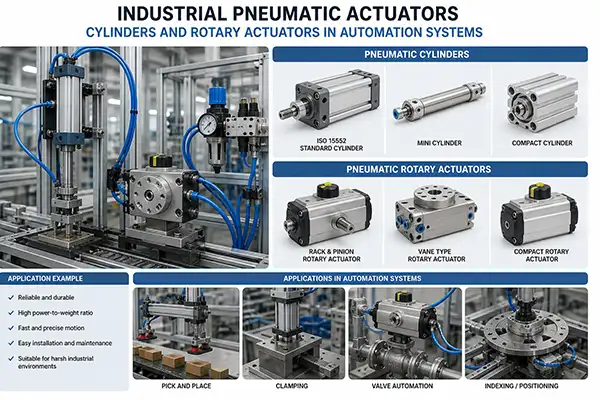 Industrial pneumatic actuators including cylinders and rotary actuators in automation systems