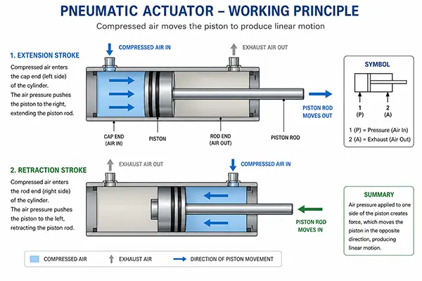 Pneumatic actuator working principle diagram showing compressed air moving piston