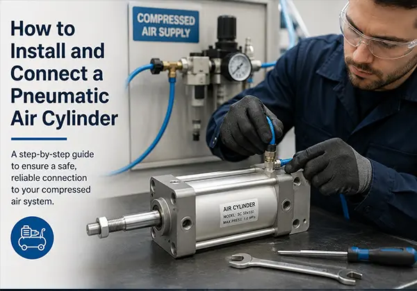 Technician installing and connecting a pneumatic air cylinder to a compressed air system